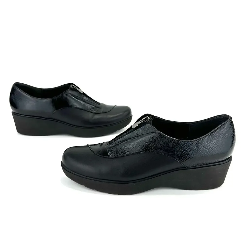 Munro Black Leather Platform Wedges Size 9.5 Zipper Closure Low Top Lightweight